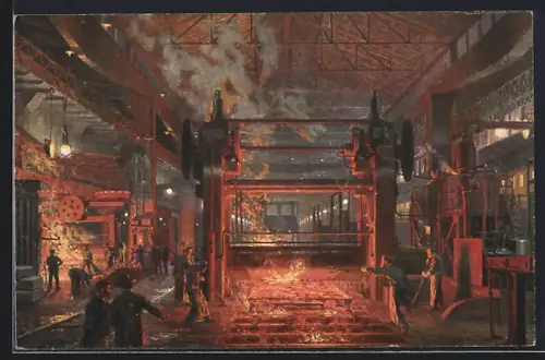 Künstler-AK Essen, Fabrikarbeiter in der Gussstahlfabrik