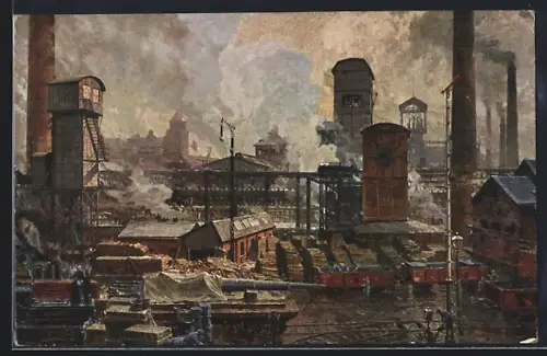 Künstler-AK Essen, Fabrikarbeiter in der Gussstahlfabrik