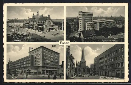 AK Essen, Strassenpartie am Deutschlandhaus, an der Münsterkirche und Post