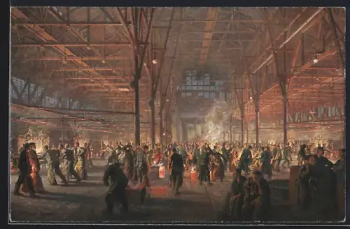 Künstler-AK Essen, Gussstahlfabrik mit Arbeitern, Tiegelguss im Schmelzbau