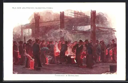 Künstler-AK Essen /Ruhr, Aus der Kruppschen Gussstahlfabrik, Tiegelgusz im Schmelzbau