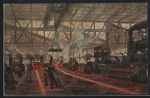 Künstler-AK Friedrich Krupp A. G., Schienenwalzwerk der Friedrich-Alfred-Hütte, Fabrikarbeiter