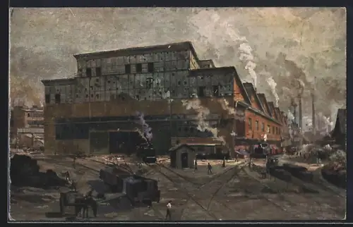 Künstler-AK Essen, Friedrich Krupp AG, Gussstahlfabrik, Pressbau II, Eisenbahn