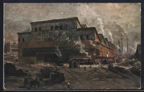 Künstler-AK Essen, Friedrich Krupp AG, Gussstahlfabrik, Pressbau II, Eisenbahn