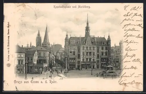 AK Essen a. d. Ruhr, Kopstadtsplatz mit Geschäften und Marktberg
