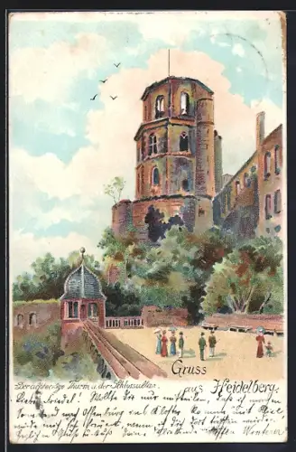 Lithographie Heidelberg, achteckiger Turm & Schlossaltar