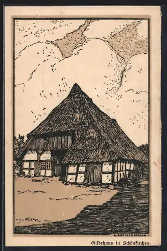 Künstler-AK Schönkirchen, Gesamtansicht vom Gildehaus