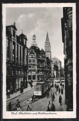 AK Kiel, Fleethörn und Rathausturm, Strassenbahnen