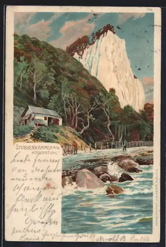 Lithographie Stubbenkammer a. R., Blick auf den Königstuhl