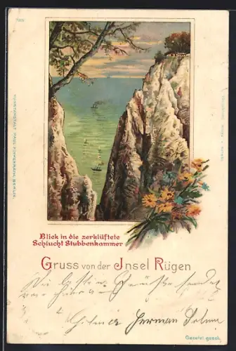 Lithographie Stubbenkammer, Blick in die zerklüftete Schlucht