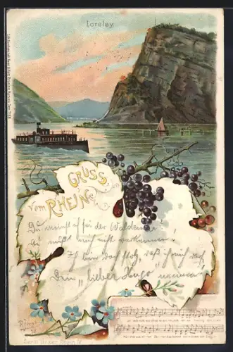 AK Rheindampfer passiert den Loreleyfelsen, Weintrauben
