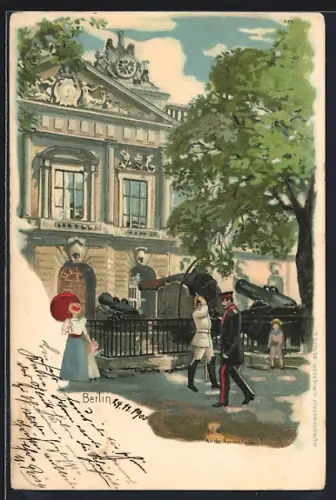 Lithographie Berlin, Partie an der Ruhmeshalle mit salutierenden Soldaten