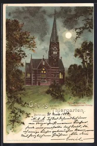 Lithographie Berlin, Kaiser-Friedrich-Gedächtnis-Kirche bei Nacht