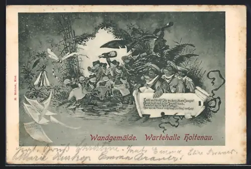 AK Holtenau, Wandgemälde in der Wartehalle, Robben und Frösche feiern mit Champagner (vermenschlichte Tiere)