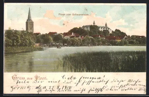 AK Ploen, Blick auf den Ort vom Schwanensee