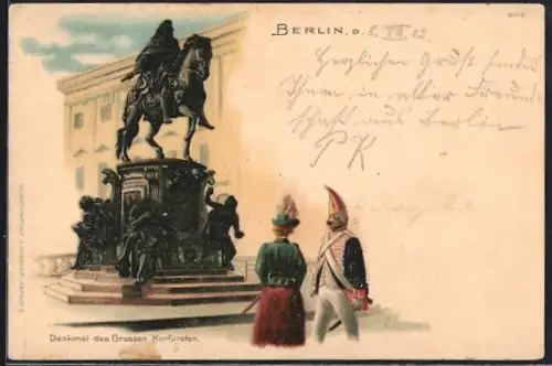Lithographie Berlin, Grenadier steht vor dem Denkmal des Grossen Kurfüsten, Kurfürstenbrücke am Marstall