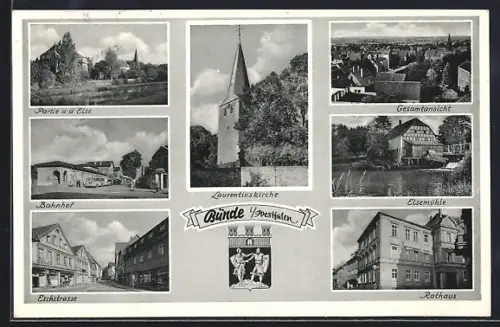 AK Bünde i. Westf., Bahnhof, Eschstrasse, Laurentiuskirche, Elsemühle und Rathaus, Ortsansicht aus der Vogelschau