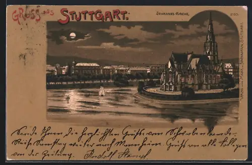 Mondschein-Lithographie Stuttgart, Johanneskirche bei Nacht