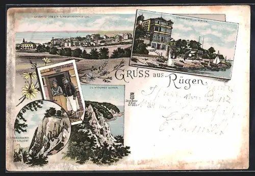Lithographie Sassnitz /Rügen, Ansicht von der Schwedenschanze, Strandhotel, Wissower Klieken