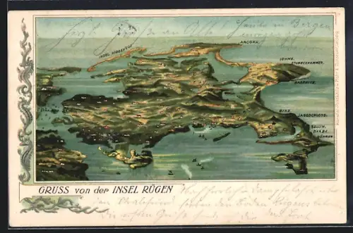 Lithographie Lohme /Rügen, Übersichtskarte der Insel Rügen