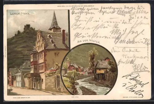 Lithographie Lorch / Rhein, Partie an der Wisper