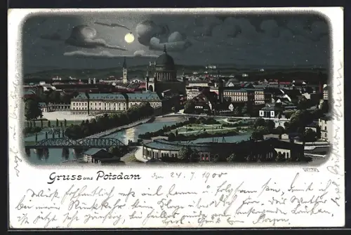 Mondschein-Lithographie Potsdam, Stadtansicht bei Nacht