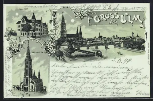 Mondschein-Lithographie Ulm / Donau, Münster, Saal-Bau, Flusspartie mit Brücke