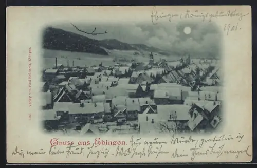 Mondschein-AK Ebingen, Winterliche Ortsansicht im Vollmondlicht