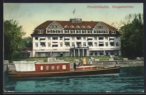 AK Friedrichshafen, Kurgartenhôtel, Dampfschiff am Ufer