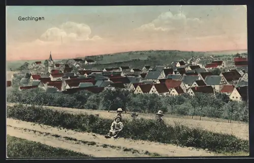 AK Gechingen, Ortsansicht mit Kirche und Wohnhäusern