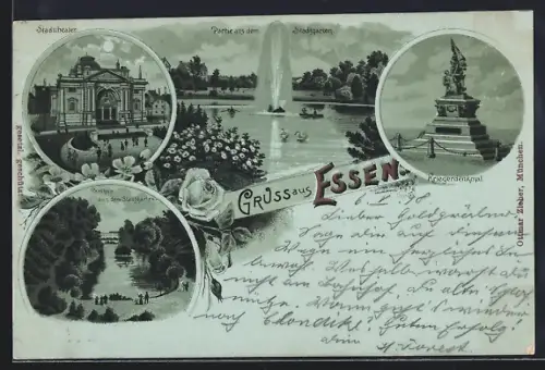 Lithographie Essen, Stadttheater, Stadtgarten, Kriegerdenkmal