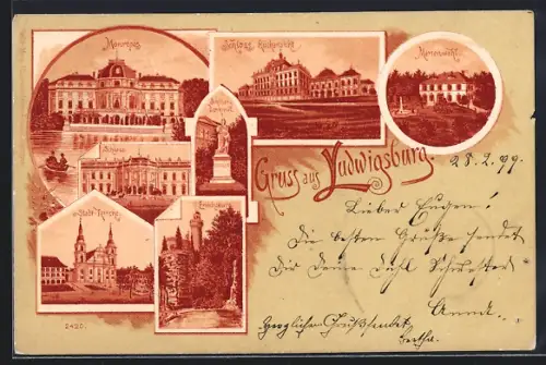 Lithographie Ludwigsburg / Württ., Monrepos, Schloss, Stadtkirche, Emichsburg, Marienwahl