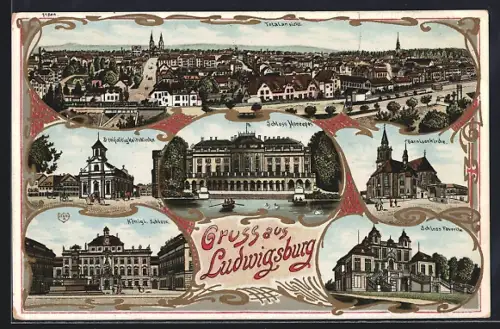 Lithographie Ludwigsburg / Württ., Marktplatz, Monrepos, Garnisonskirche, Königl. Schloss, Schloss Favorite