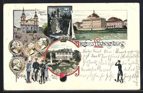 Lithographie Ludwigsburg / Württ., Schloss, Stadtkirche, Emichsburg