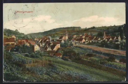 AK Untergimpern, Ortsansicht mit Kirche und umliegender Landschaft