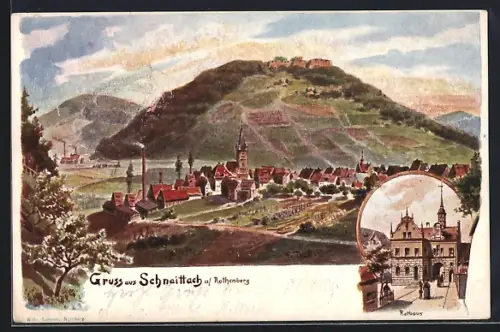 Lithographie Schnaittach a. Rothenberg, Ortsansicht, Rathaus