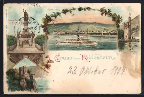 Lithographie Rüdesheim / Rhein, Nationaldenkmal, Rheinstein
