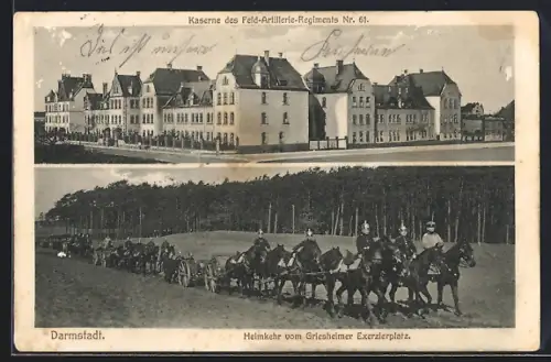 AK Darmstadt, Kaserne des Feld-Artillerie-Regiments Nr. 61, Heimkehr vom Griesheimer Exerzierplatz