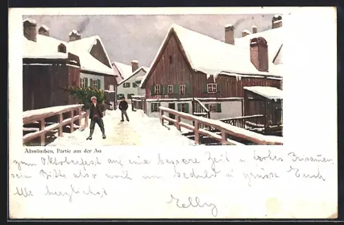 AK München-Au, Partie aus der verschneiten, winterlichen Au