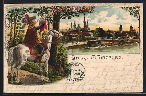 Lithographie Würzburg, Stadtansicht vom Fluss aus
