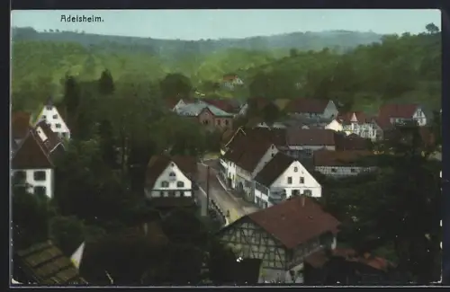 AK Adelsheim, Ortsansicht mit Fachwerkhäusern und umliegender Hügellandschaft