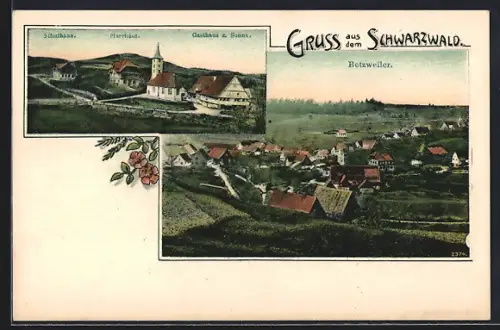 AK Betzweiler /Schwarzwald, Schulhaus, Pfarrhaus, Gasthaus z. Sonne
