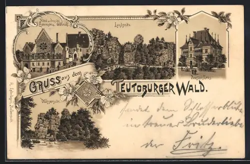 Lithographie Externsteine, Hotel - Pension Ulrich, Pensionshaus, Wasserseite, Landseite