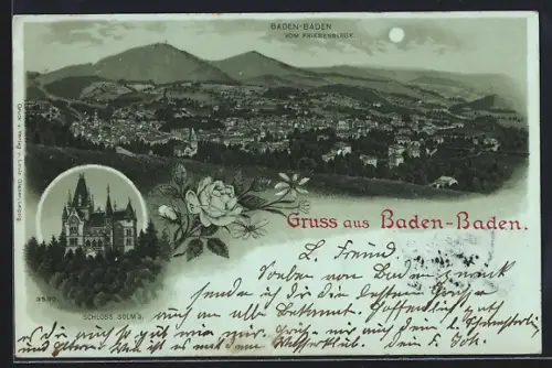 Mondschein-Lithographie Baden-Baden, Blick vom Friesenberg, Schloss Solms