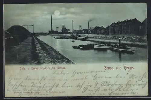 Mondschein-AK Herne, Hafen und Zeche Friedrich der Grosse