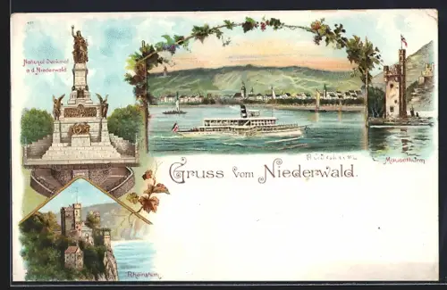 Lithographie Niederwald / Rüdesheim, National-Denkmal, Rheinstein