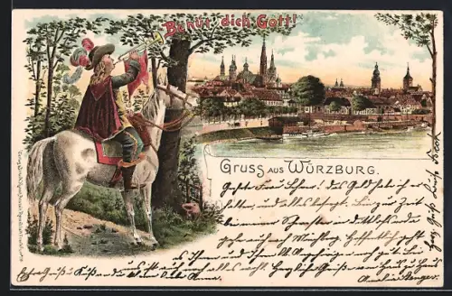 Lithographie Würzburg, Ortsansicht vom Fluss aus