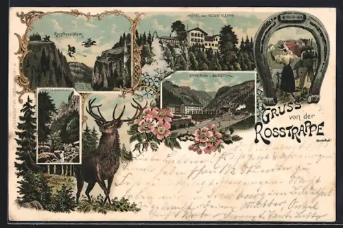Lithographie Bodethal, Hotel zur Rosstrappe, Talblick, Teufelsbrücke