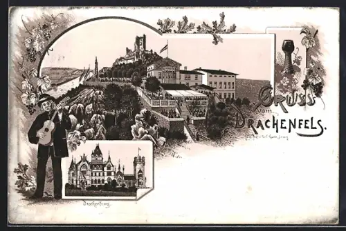 Lithographie Drachenfels, Drachenfelsruine, Drachenburg