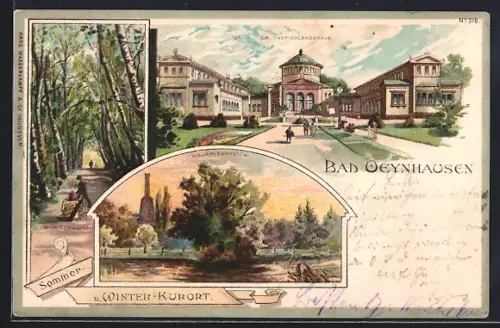 Lithographie Bad Oeynhausen, Gr. Thermalbadehaus, Goldfischteich